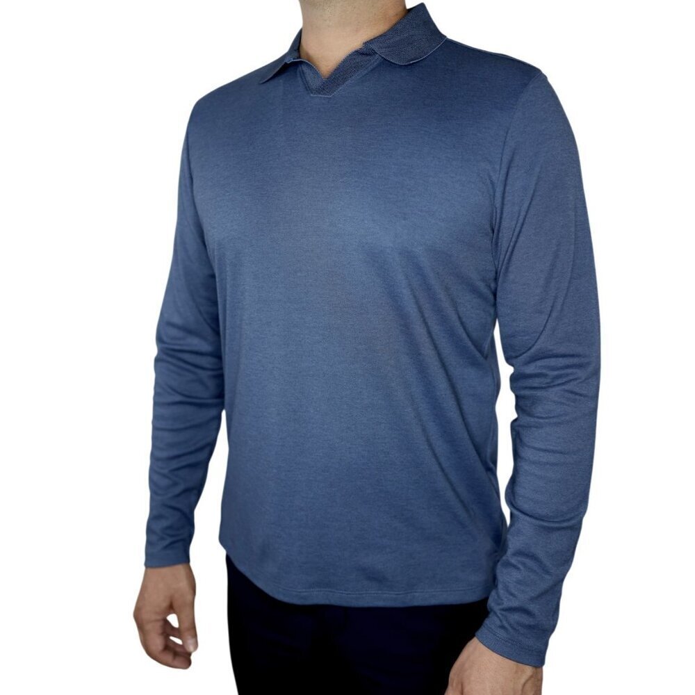 ROBERT BARAKETT Blue Adison Open Collar Polo Long Sleeve Pima Cotton Blend m